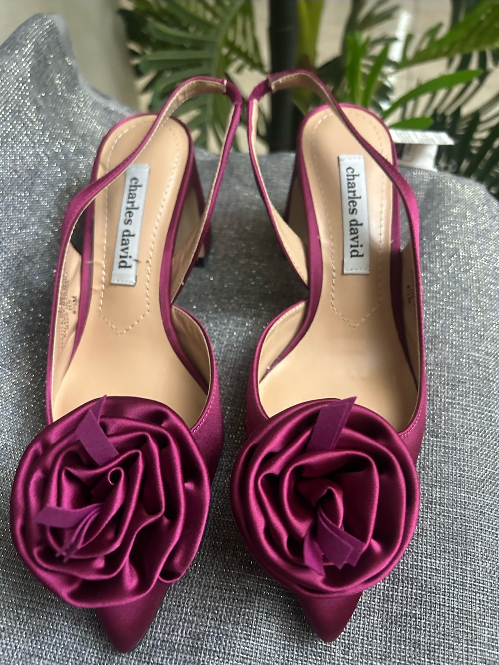 Charles David Satin Slingback Heels in Magenta with Rosette